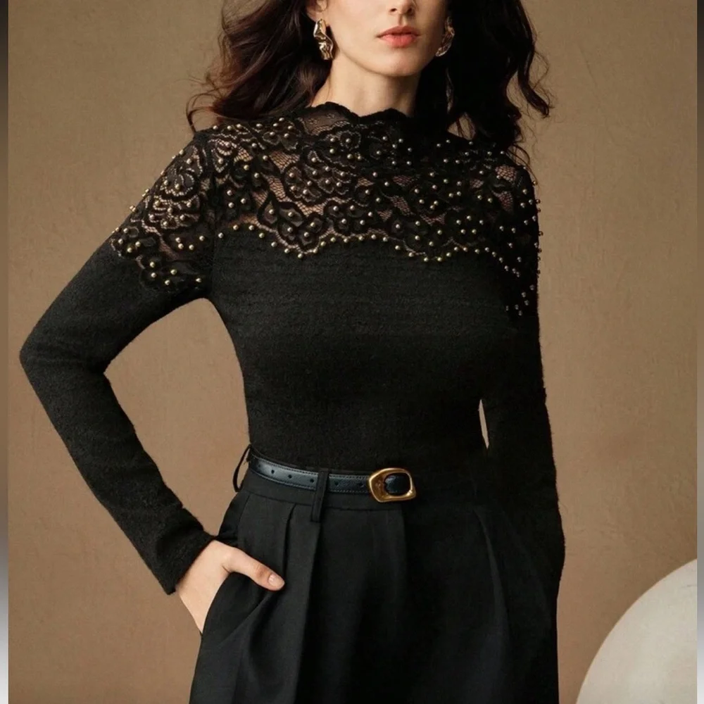 Elegant Black Lace Top with Gold Accents